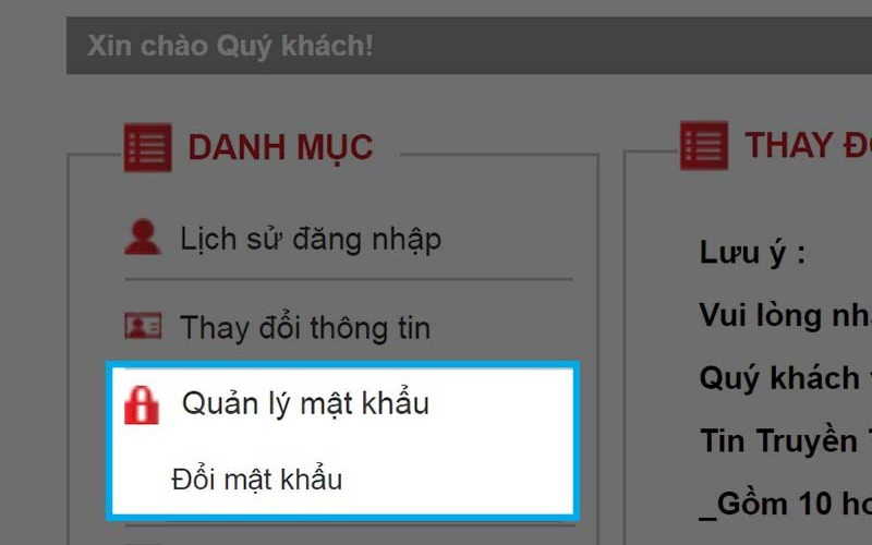 Nhấn vào mục Đổi mật khẩu 