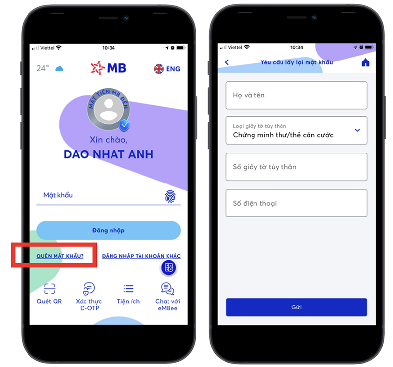 Chọn quên mật khẩu rồi nhập thông tin