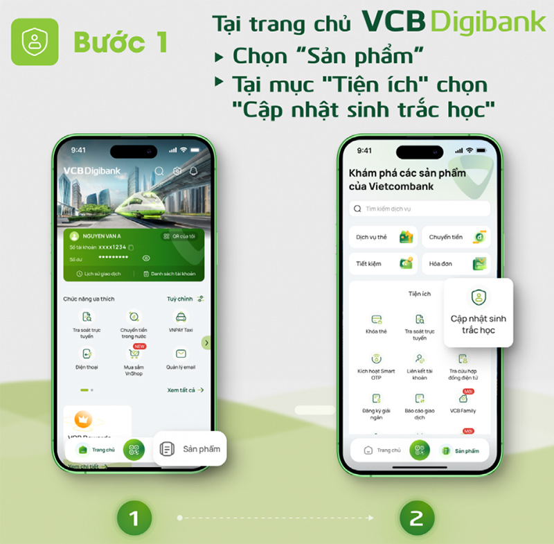 Chọn vào mục “Sản phẩm” > Chọn vào mục “Cập nhật sinh trắc học”