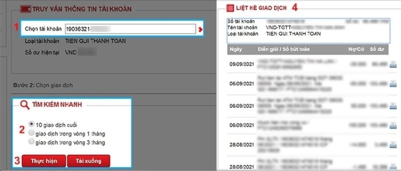 Chọn tài khoản cần tra cứu trong phần Truy vấn thông tin tài khoản