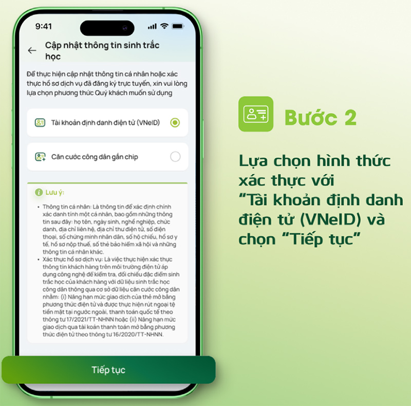 Chọn vào “Tài khoản định danh điện tử VNeID” > Chọn “Tiếp tục”