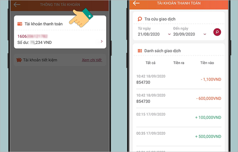 Chọn vào tài khoản muốn xem lịch sử giao dịch