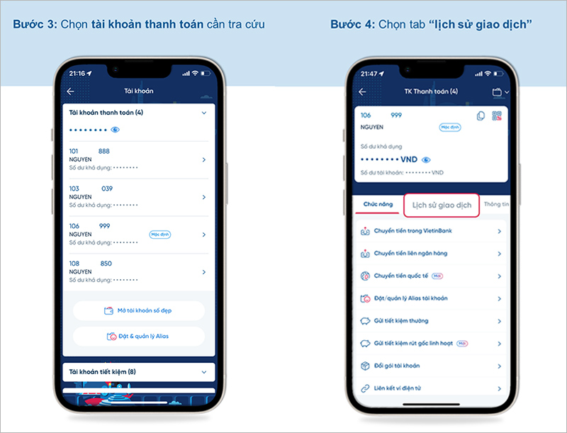 Chọn tài khoản muốn kiểm tra rồi chọn vào mục "Lịch sử giao dịch"