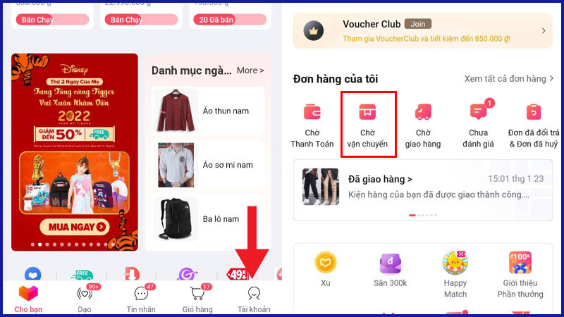 Tại giao diện Lazada chọn Tài khoản và chờ vận chuyển