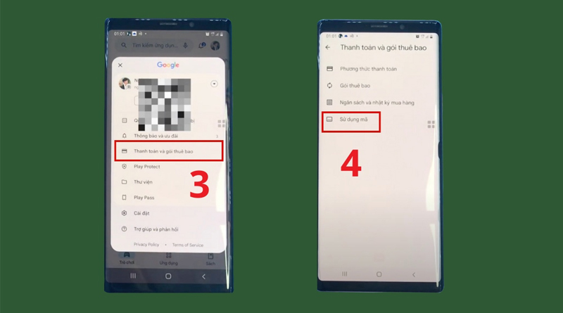 Trong Thanh toán và gói thuê bao chọn sử dụng mã