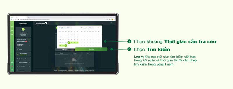Chọn thời gian muốn kiểm tra giao dịch