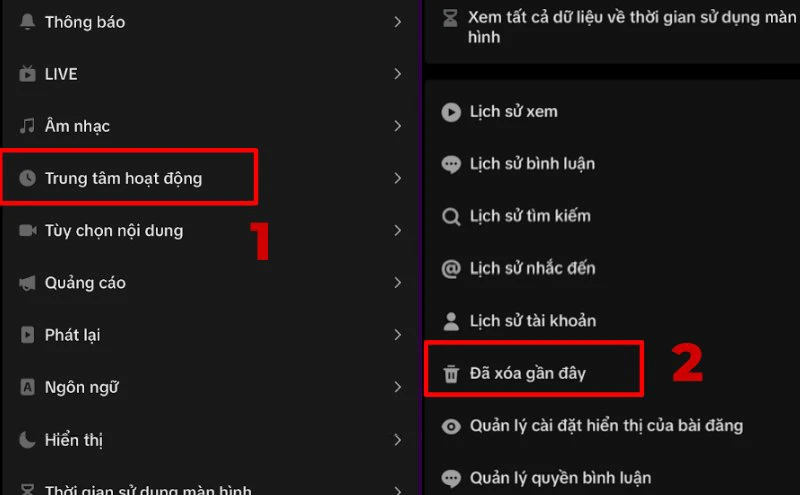 Chọn Đã xóa gần đây tại giao diện Trung tâm hoạt động 