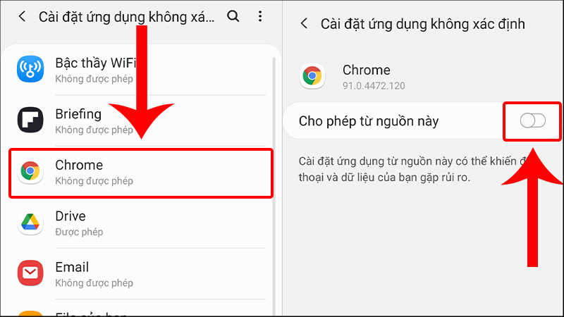 Tắt Cho phép từ nguồn này từ ứng dụng hay tải