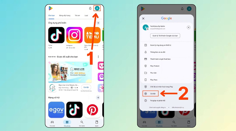 Mở ứng dụng CH Play trên thiết bị và chọn Cài đặt