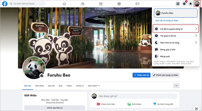 Chọn biểu tượng ảnh đại diện rồi chọn vào mục “Cài đặt & Quyền riêng tư”
