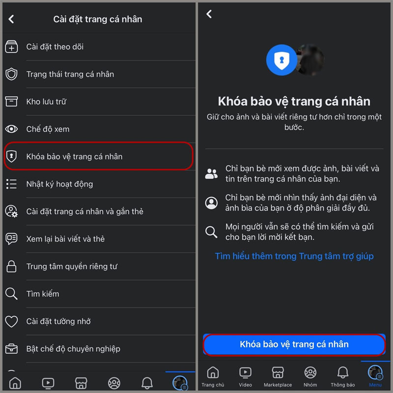 Chọn vào mục Khóa bảo vệ trang cá nhân và xác nhận một lần nữa