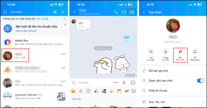 Chọn vào biểu tượng dấu ba gạch trong tin nhắn và chọn Đổi hình nền
