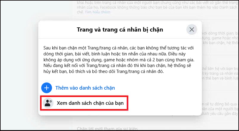 Nhấn vào mục Xem danh sách chặn của bạn 
