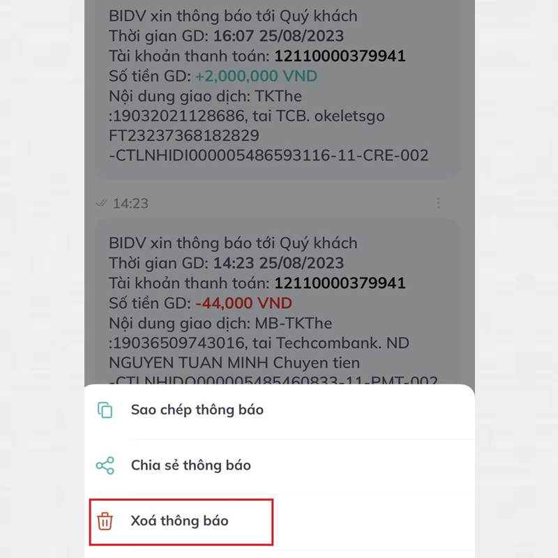 Tại giao dịch muốn xóa nhấn vào dấu ba chấm và chọn Xóa thông báo