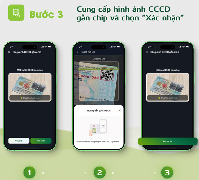 Tiến hành chụp ảnh 2 mặt CCCD gắn chip, quét mã QR trên CCCD rồi bấm “Xác nhận”