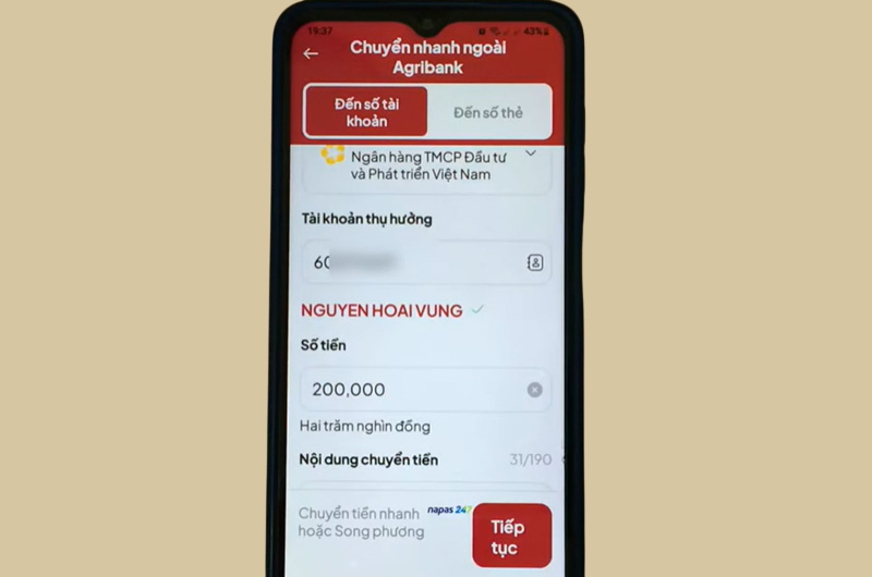 Chuyển tiền đến ngân hàng khác 