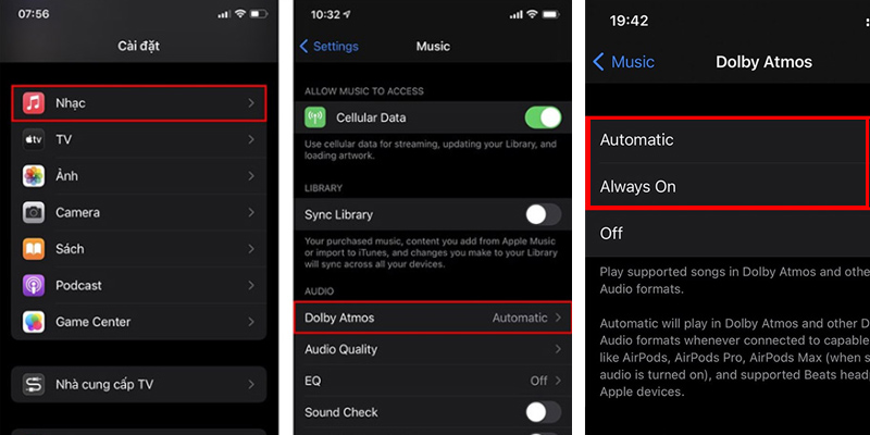Trong mục Nhạc chọn Dolby Atmos và thiết lập