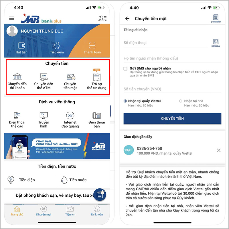 Chuyển tiền MBBank qua MBBankPlus