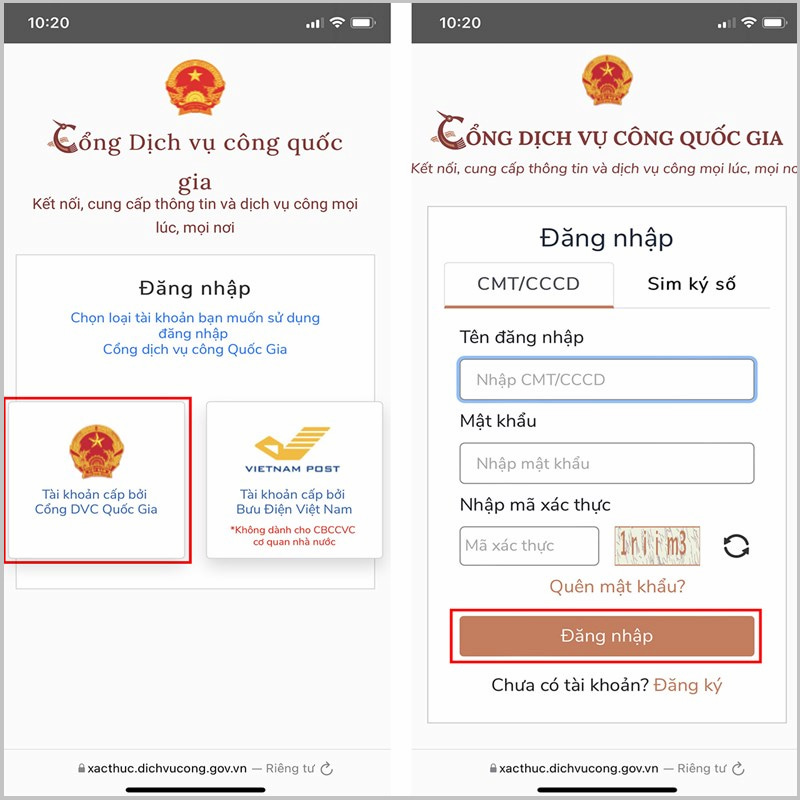 Đăng nhập bằng tài khoản Cổng dịch vụ công quốc gia