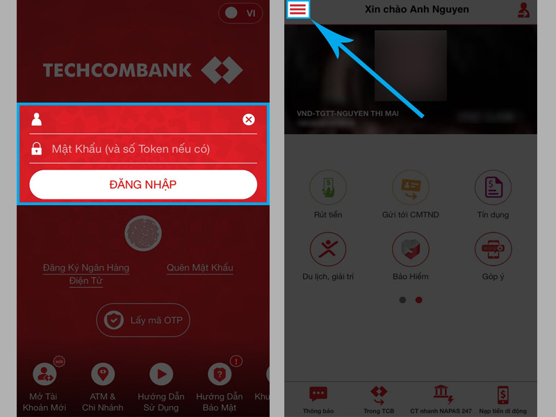 Chọn biểu tượng Menu tại giao diện trang chủ 