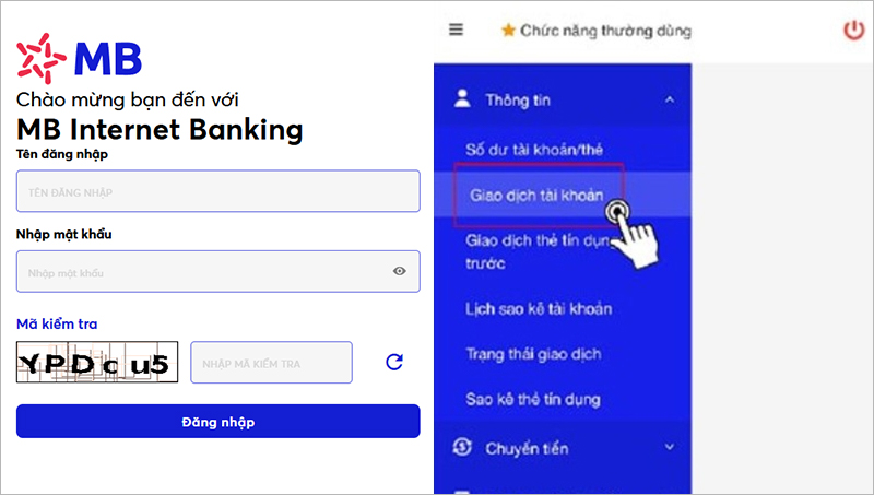 Đăng nhập và chọn giao dịch tài khoản