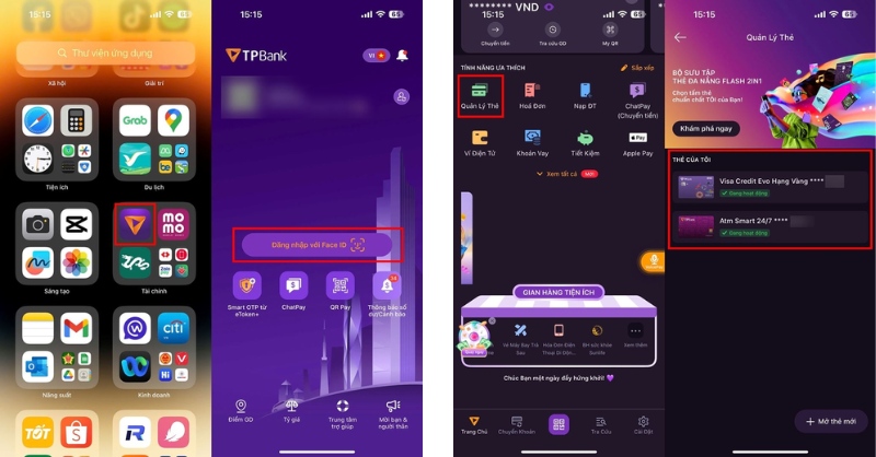 Đăng nhập vào ứng dụng TPBank Mobile và mở Quản lý thẻ