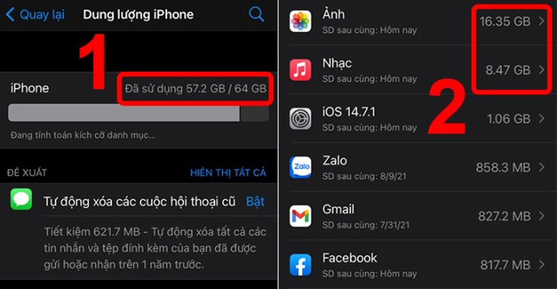 Dung lượng khả dụng và dung lượng từng ứng dụng sẽ được hiển thị