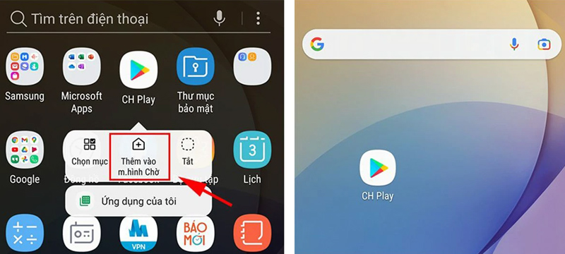 Đưa ứng dụng ra màn hình điện thoại Android bằng phím chức năng 