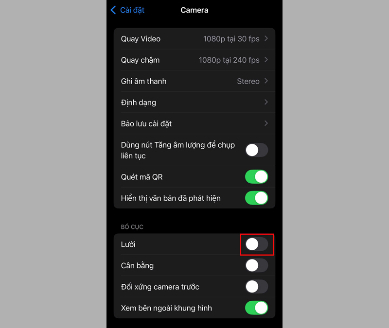 Kích hoạt tính năng Lưới trong mục Camera 