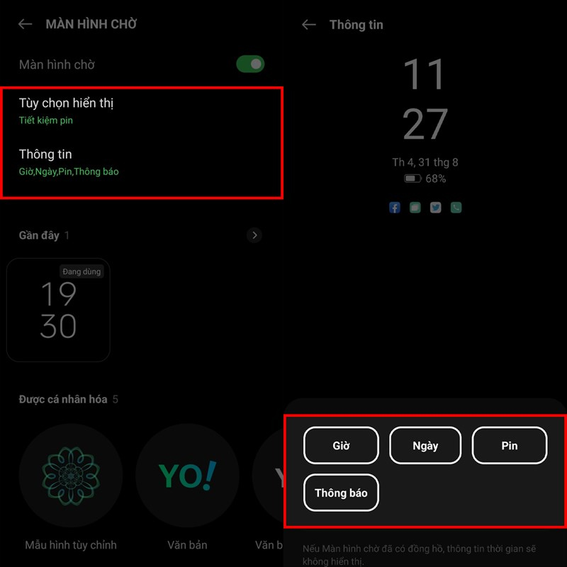Kéo công tắc mục Màn hình chờ sang phải để bật lên