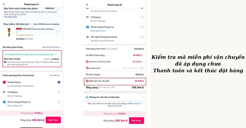 Hoàn tất đơn hàng có áp mã Freeship Lazada