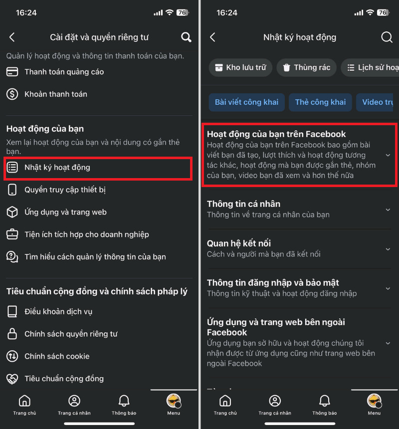 Hoạt động của bạn trên Facebook
