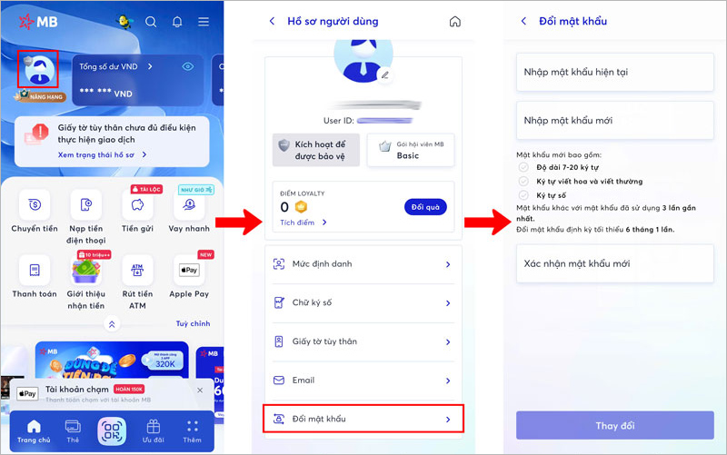 Hướng dẫn đổi mật khẩu app MBBank