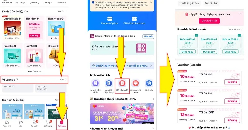 Hướng dẫn kiểm tra mã Freeship có trong Ví Lazada