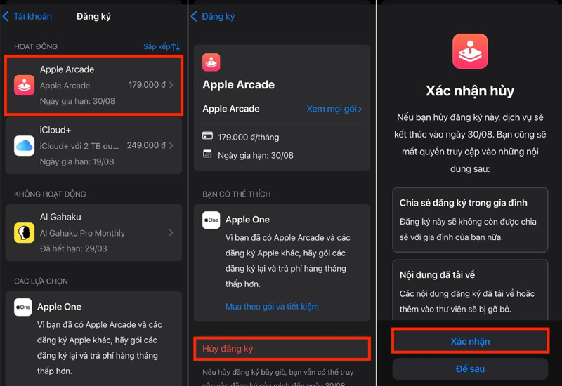 Trong Cài đặt chọn mục đăng ký và chọn vào Apple Arcade để hủy đăng ký