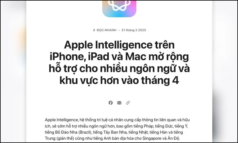 Apple Intelligence được hỗ trợ nhiều ngôn ngữ mới với iOS 18.4 Beta 1