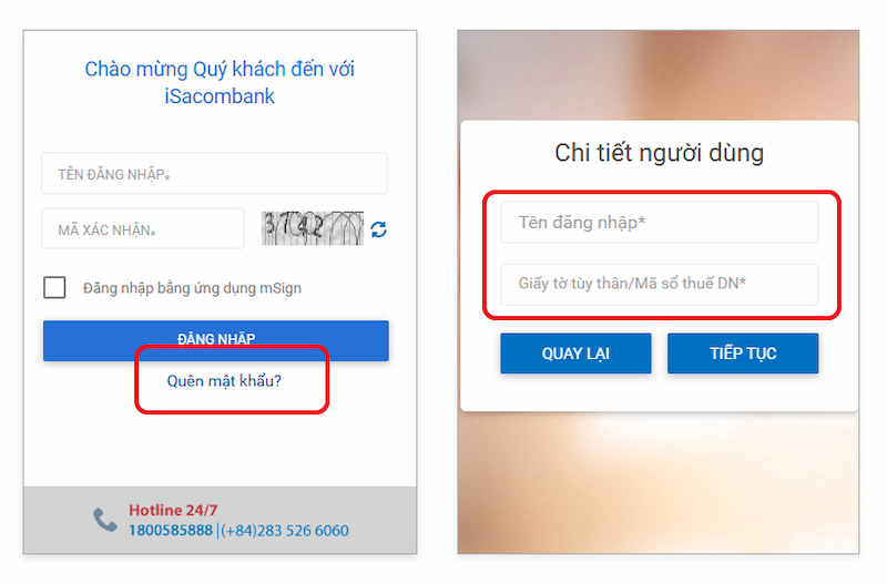 Lấy lại mật khẩu Sacombank Internet Banking