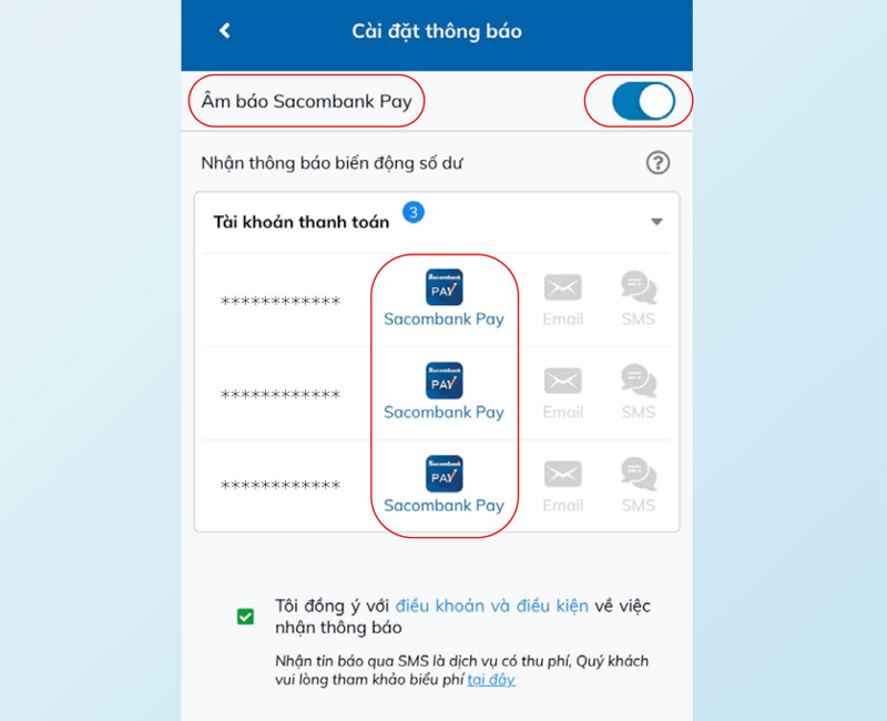 Bật âm báo Sacombank bằng cách kéo thanh gạt sang phải