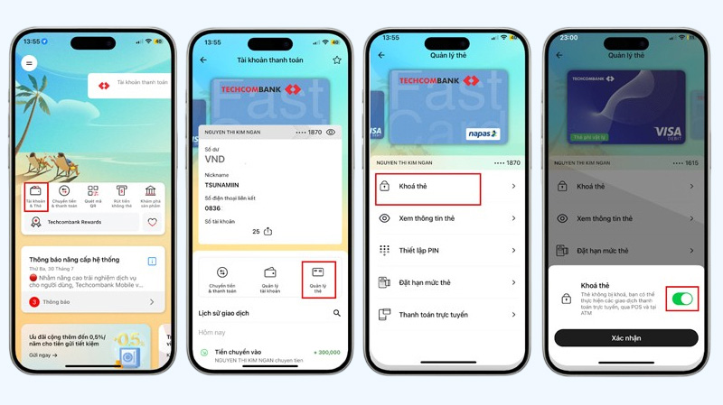 Khóa thẻ Techcombank trực tiếp trên ứng dụng điện thoại 