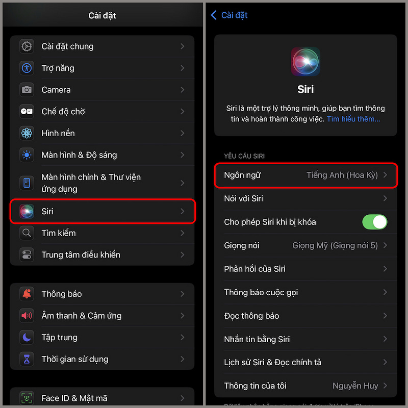 Kiểm tra cài đặt ngôn ngữ của Siri