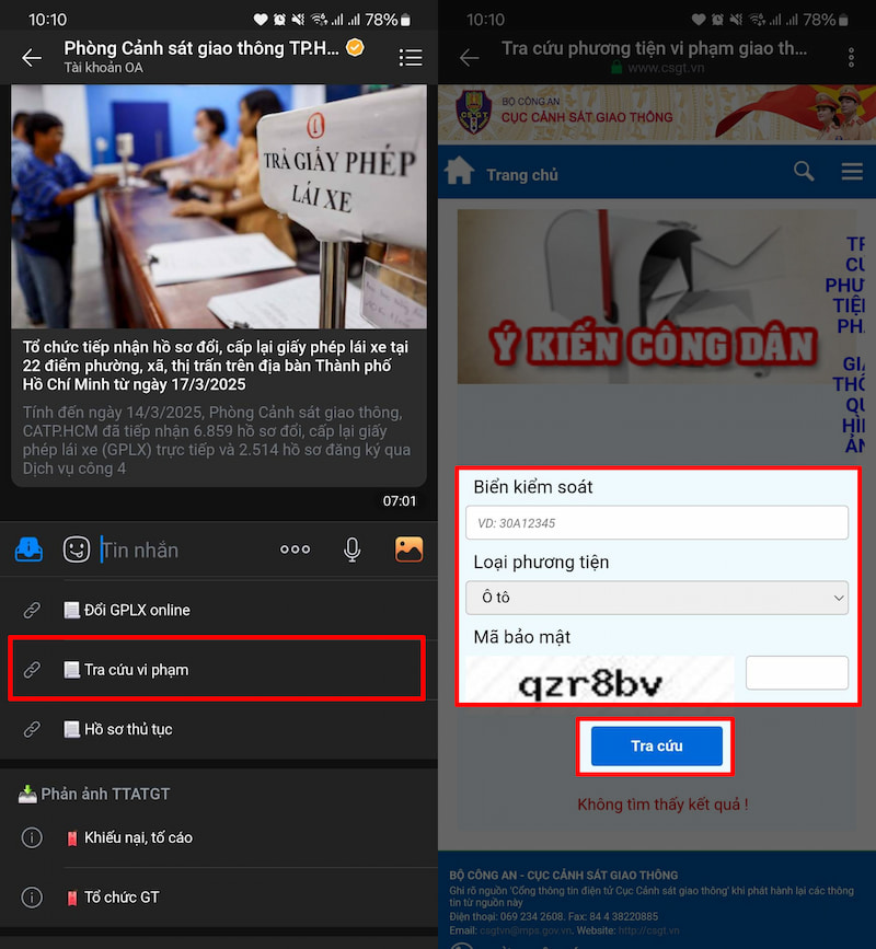 Kiểm tra phạt nguội trên Zalo