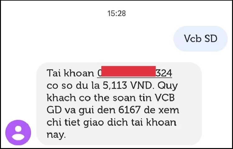 Soạn tin nhắn theo cú pháp VCB SD gửi 6167 để kiểm tra số dư