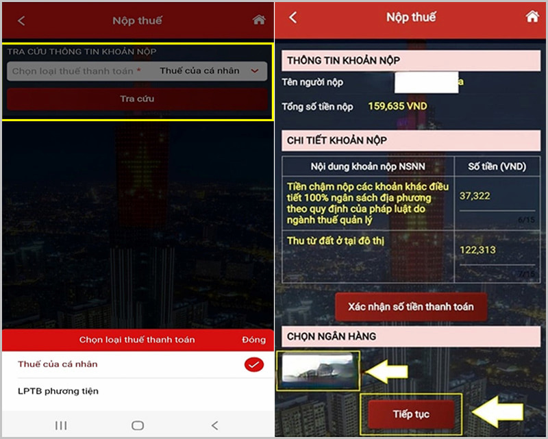 Nhấn Thanh toán để đóng thuế đất online