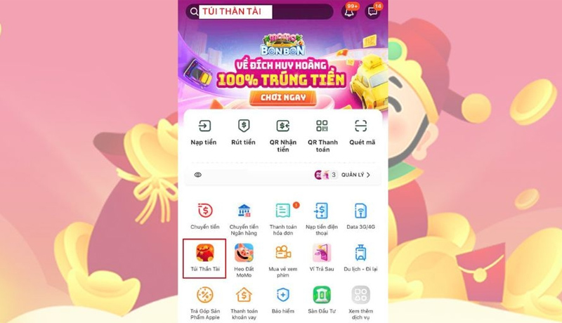 Chọn Túi Thần Tài từ trang chủ của MoMo