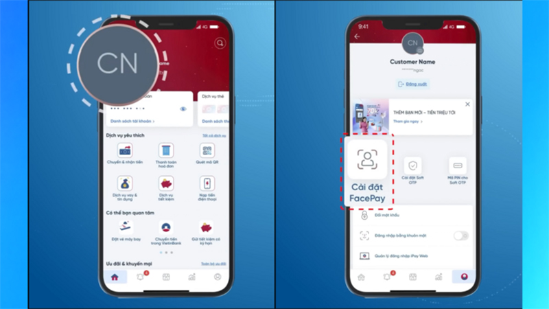 Mở app VietinBank iPay, chọn Ảnh đại diện để bắt đầu cập nhật thông tin sinh trắc học