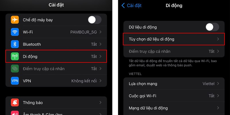 Trong Cài đặt iPhone chọn Di động và Tùy chọn dữ liệu di động