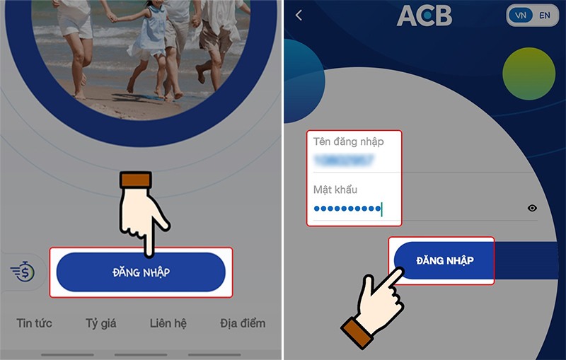 Mở ứng dụng ACB ONE trên điện thoại và đăng nhập