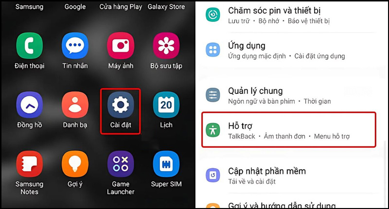 Chọn mục Hỗ trợ sau khi truy cập vào mục Cài đặt