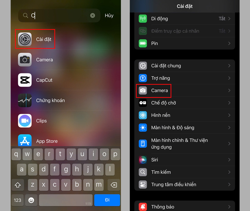 Chọn mục Camera tại giao diện Cài đặt 