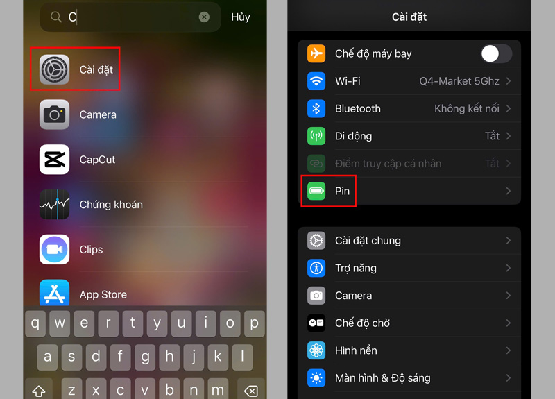 Chọn mục Pin tại giao diện Cài đặt 
